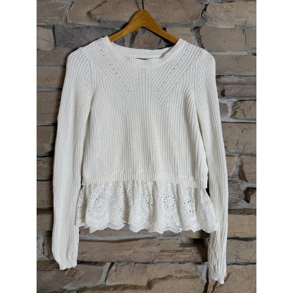 Aerie Sweaters - White Knit Aerie Sweater With Eyelet Ruffle Sz S 100% Cotton Excellent Condition